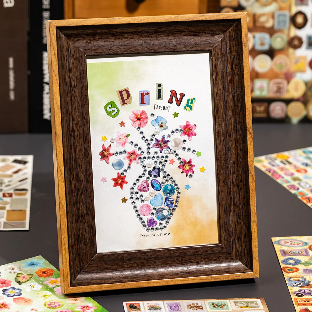 Framed collage artwork decorated with stickers from the Poem Drops journaling sticker set