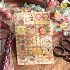 Close-up of a dessert sticker sheet with pudding, cake, ice cream, drinks, and retro food labels