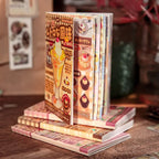 Pudding Convenience Store Retro Vibe Journaling Sticker Book with dessert-themed sticker pages stacked on a wooden table