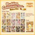 Overview of the Pudding Convenience Store Retro Vibe Journaling Sticker Book showing 30 coated paper sticker sheets