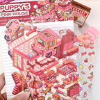 Puppy’s Pink House 3D scene sticker kit showing the pink vehicle home background and matching decorative sticker pieces