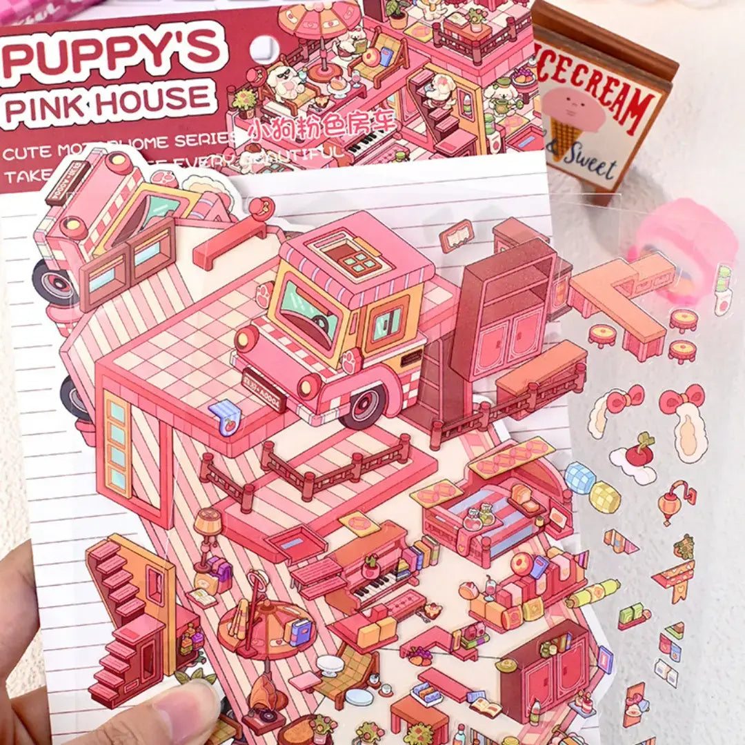 Puppy’s Pink House 3D scene sticker kit showing the pink vehicle home background and matching decorative sticker pieces