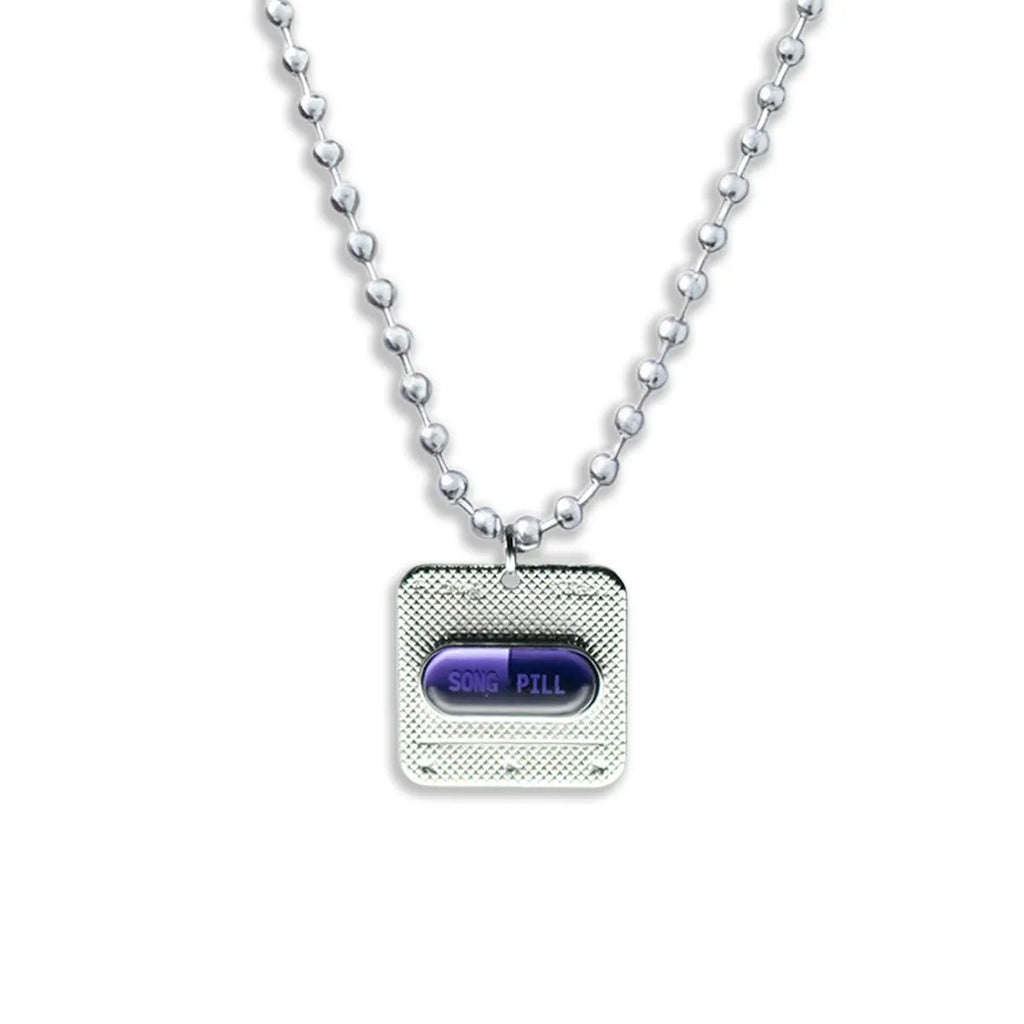 Y3K purple capsule NFC silver necklace on white background