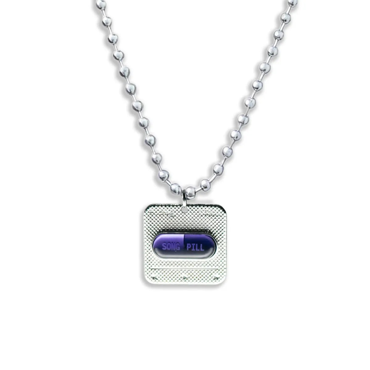Y3K purple capsule NFC silver necklace on white background