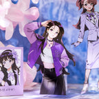 Large illustrated character sticker in a purple jacket displayed with coordinating fashion illustrations
