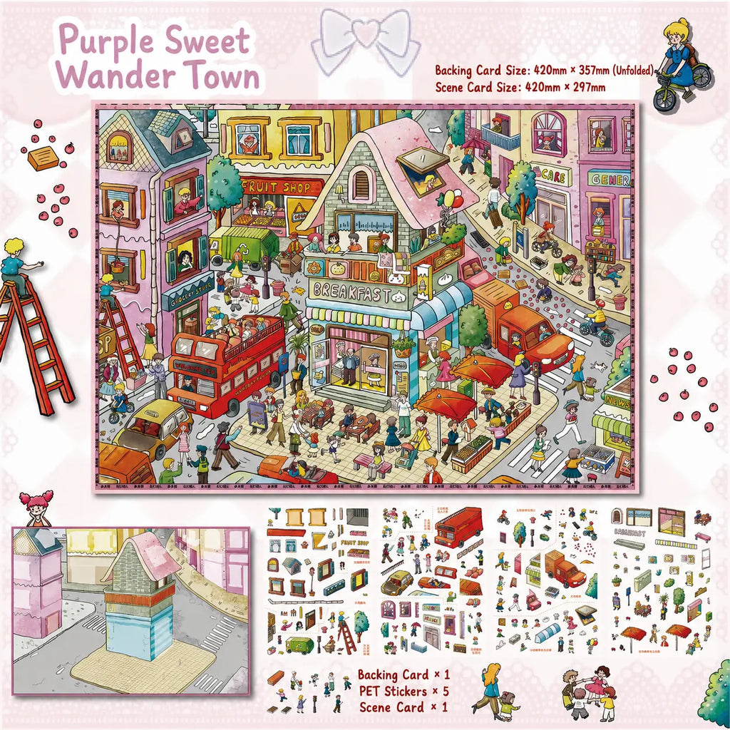 Purple Sweet Wander Town 3D scene sticker kit with a finished miniature city street and five sticker sheets