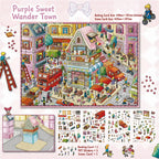Purple Sweet Wander Town 3D scene sticker kit with a finished miniature city street and five sticker sheets