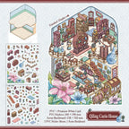 Qiling Curio House 3D Scene Sticker Kit details showing finished display, scene backboard, and PVC sticker sheets