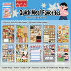 Quick Meal Favorites food journaling sticker pack overview showing 20 sheets with convenience store snacks, drinks, shelves, and quick meal designs