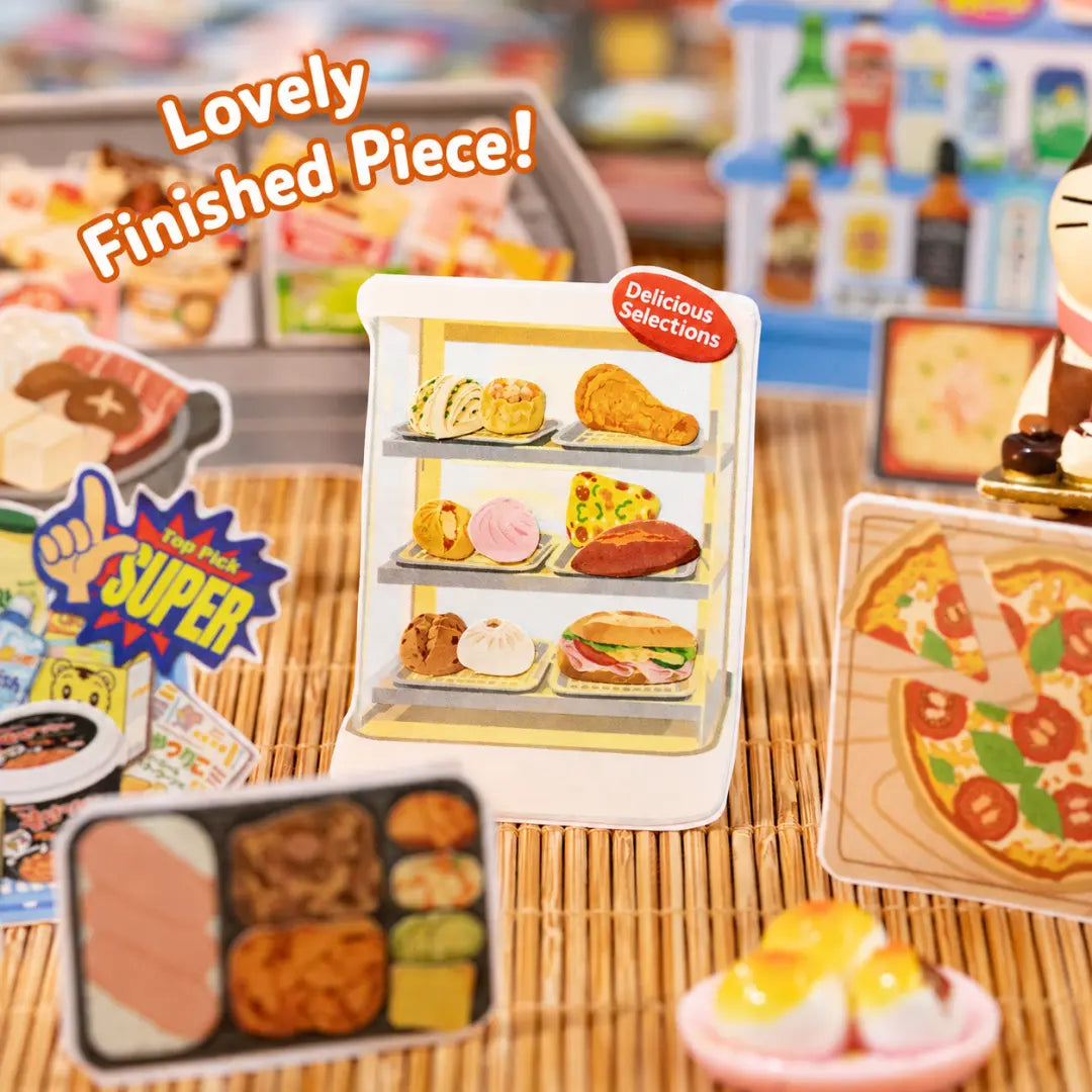 Quick Meal Favorites convenience store shelf sticker display with drinks, snacks, sandwiches, and mini food items