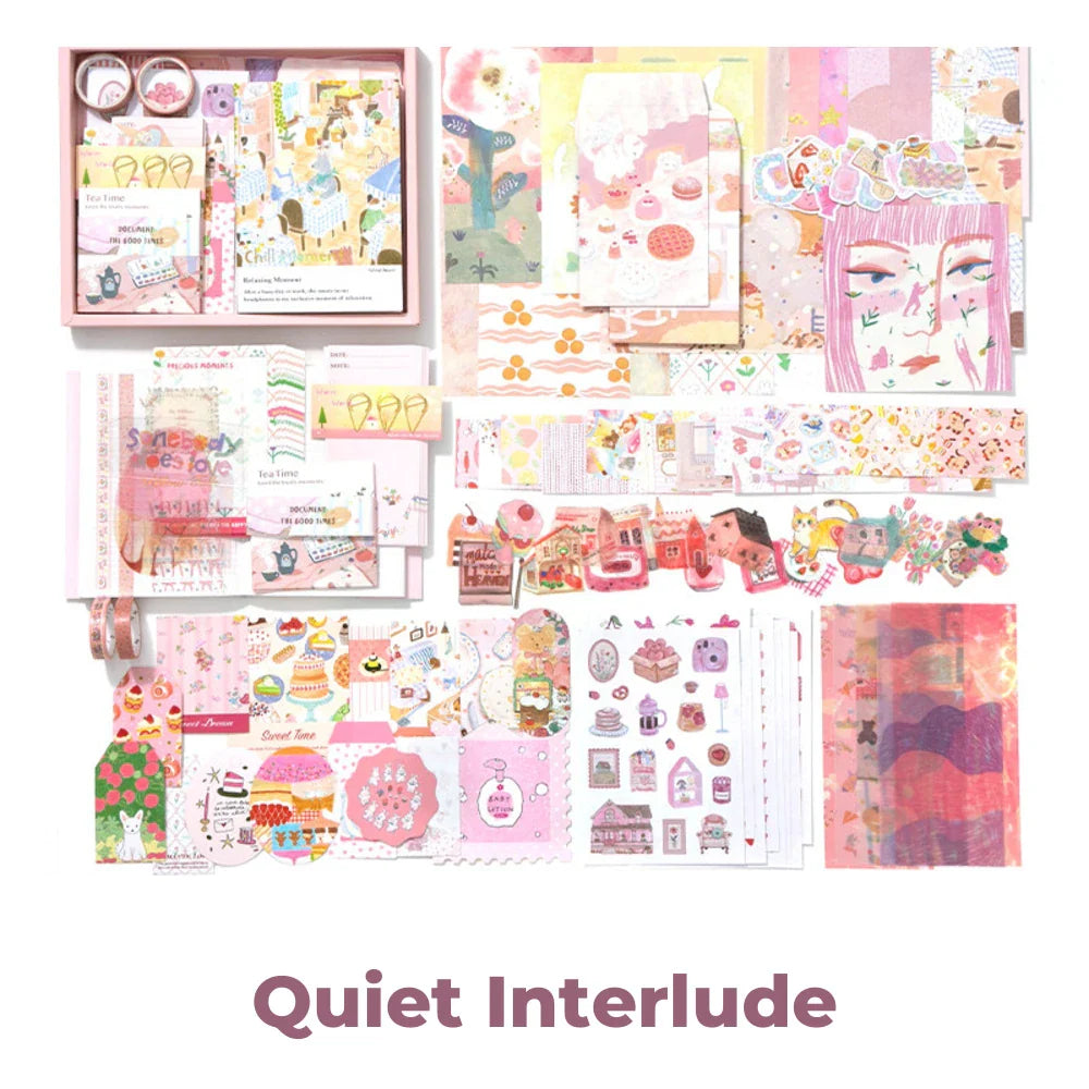 Quiet Interlude Junk Journal Kit flat lay showing the coordinated papers, ephemera, stickers, and craft embellishments included in the set