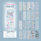 Overview of the Quiet Notes Journaling Sticker Book showing 20 PET die-cut sticker pages and size details