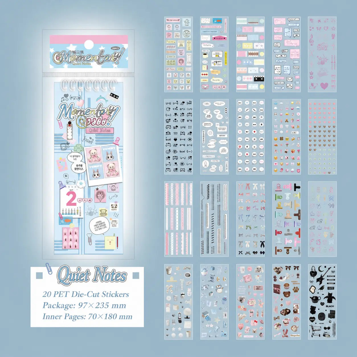 Overview of the Quiet Notes Journaling Sticker Book showing 20 PET die-cut sticker pages and size details