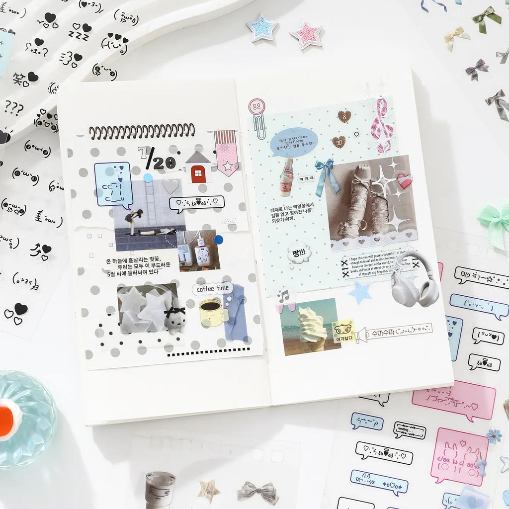 Journal pages decorated with Quiet Notes stickers, photos, speech bubbles, ribbons, and soft blue accents