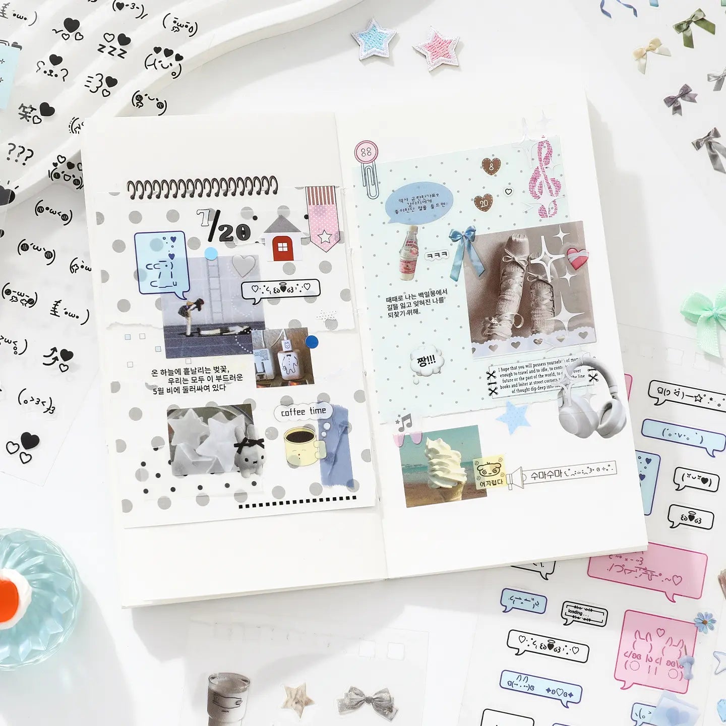 Journal pages decorated with Quiet Notes stickers, photos, speech bubbles, ribbons, and soft blue accents