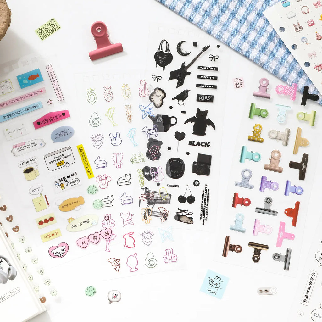 Quiet Notes Journaling Sticker Book with assorted speech bubble, icon, clip, ribbon, and decorative sticker sheets