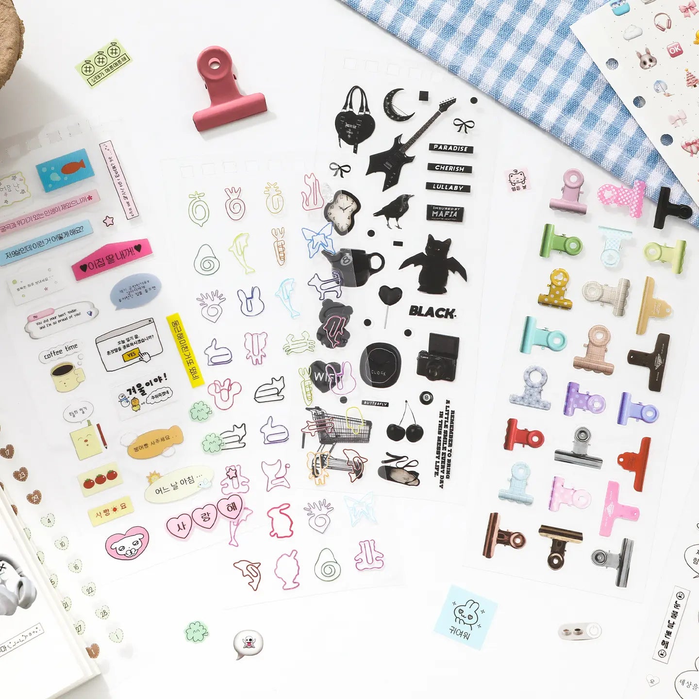 Quiet Notes Journaling Sticker Book with assorted speech bubble, icon, clip, ribbon, and decorative sticker sheets