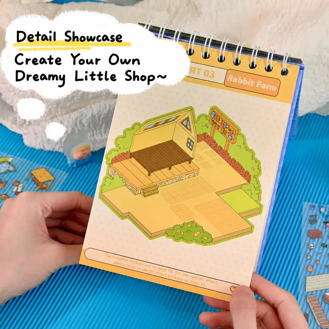 Inside page of the 3D scene sticker book showing a Rabbit Farm scene card before sticker placement