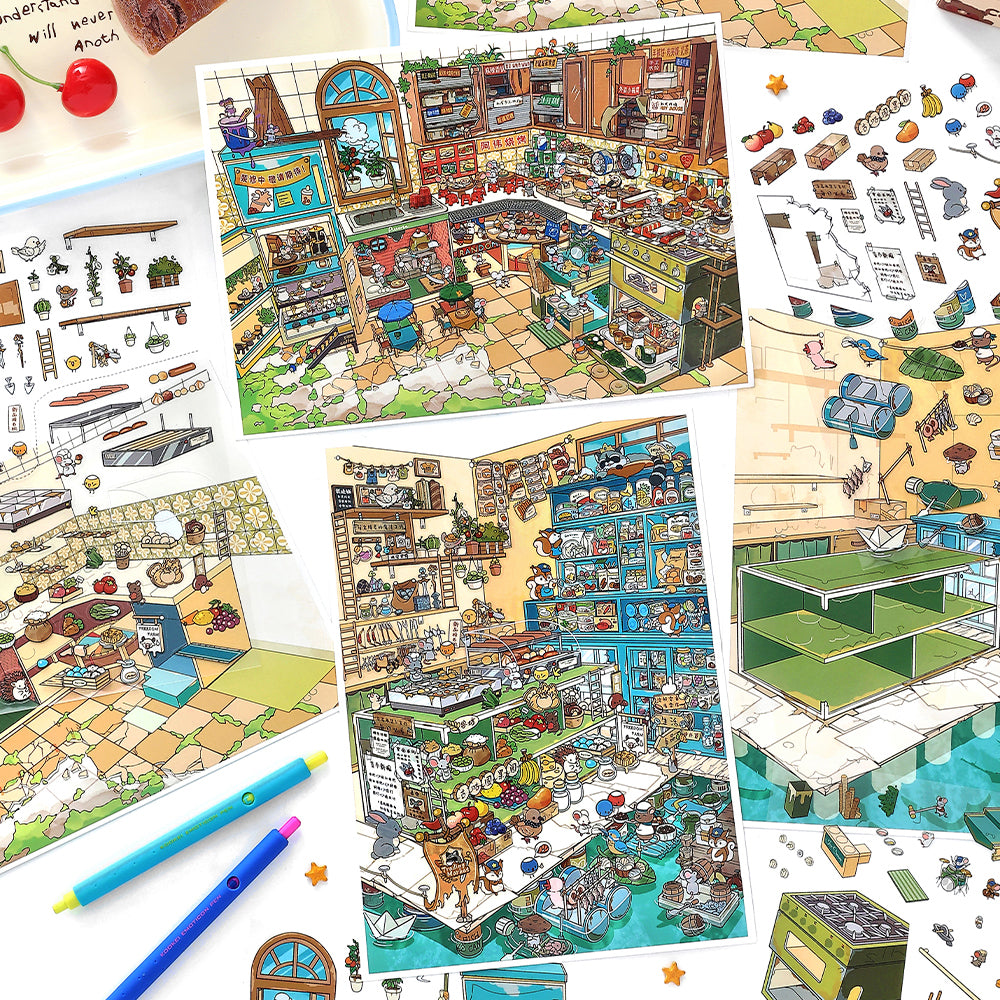 Raccoon Market and Mouse Food Street 3D Scene Sticker Kit Set with two completed miniature food market scenes