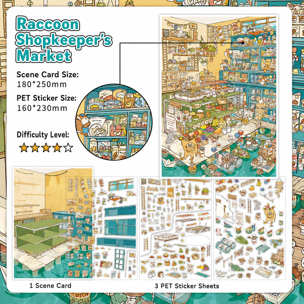 Raccoon Shopkeeper’s Market 3D Scene Sticker Kit with one scene card and three PET sticker sheets