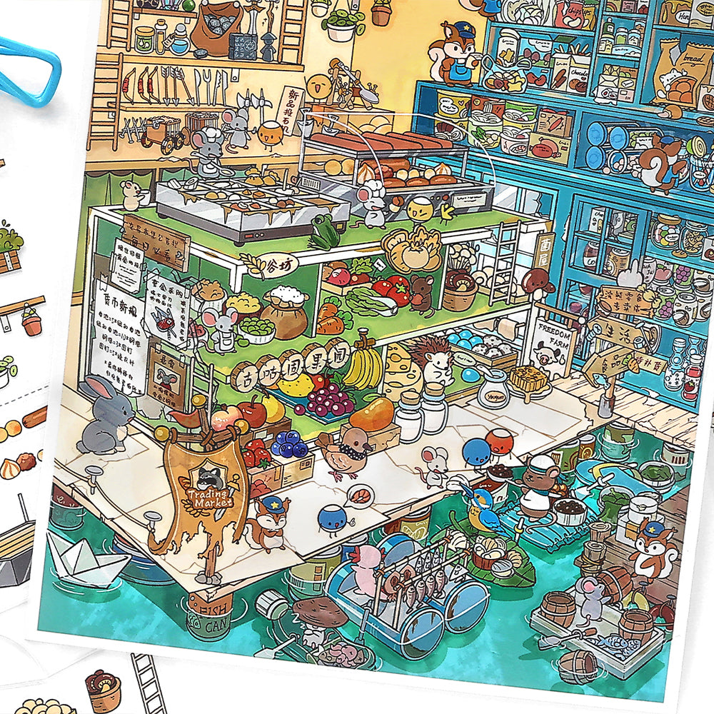 Detailed lower section of the Raccoon Shopkeeper’s Market finished miniature scene