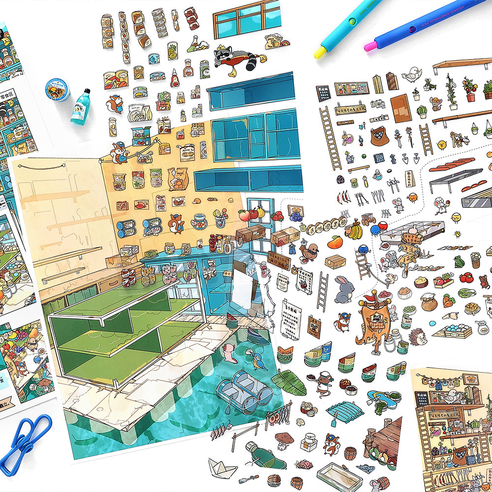 Raccoon Shopkeeper’s Market sticker pieces and scene card details for miniature market building