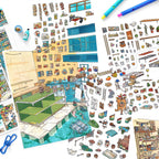 Raccoon Shopkeeper’s Market sticker pieces and scene card details for miniature market building