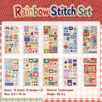 Rainbow Stitch set with 18 coated-paper sticker sheets featuring animals, rainbows, fruit, flowers, and colorful patch-style designs
