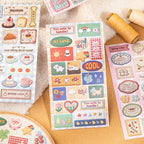 Rainbow Stitch sticker sheet with cats, dogs, rainbows, mushrooms, flowers, and decorative message labels