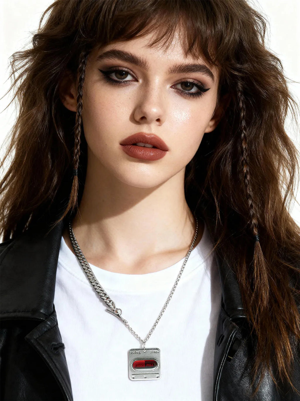 Y3K red capsule NFC silver necklace worn by model, front view