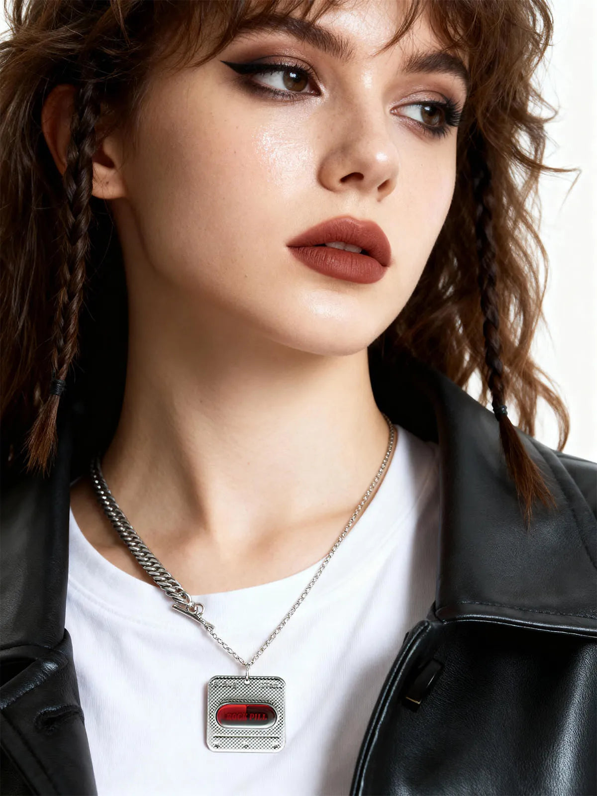 Y3K red capsule NFC silver necklace worn by model, side view