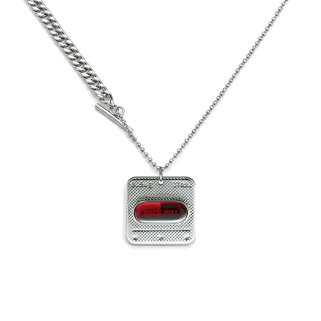 Y3K red capsule NFC silver necklace on white background