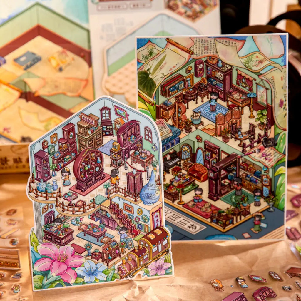Republican Reverie and Qiling Curio House 3D Scene Sticker Kit Set showing two finished vintage miniature room scenes