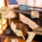 Close-up of scroll and book stickers from the Republican Reverie 3D Scene Sticker Kit