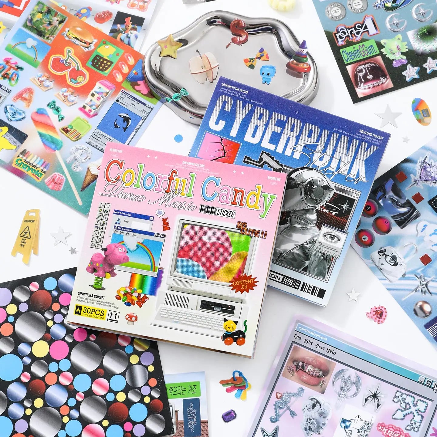 Retro & Future journaling sticker set with Candy Dance and Cyber Illusion sticker books