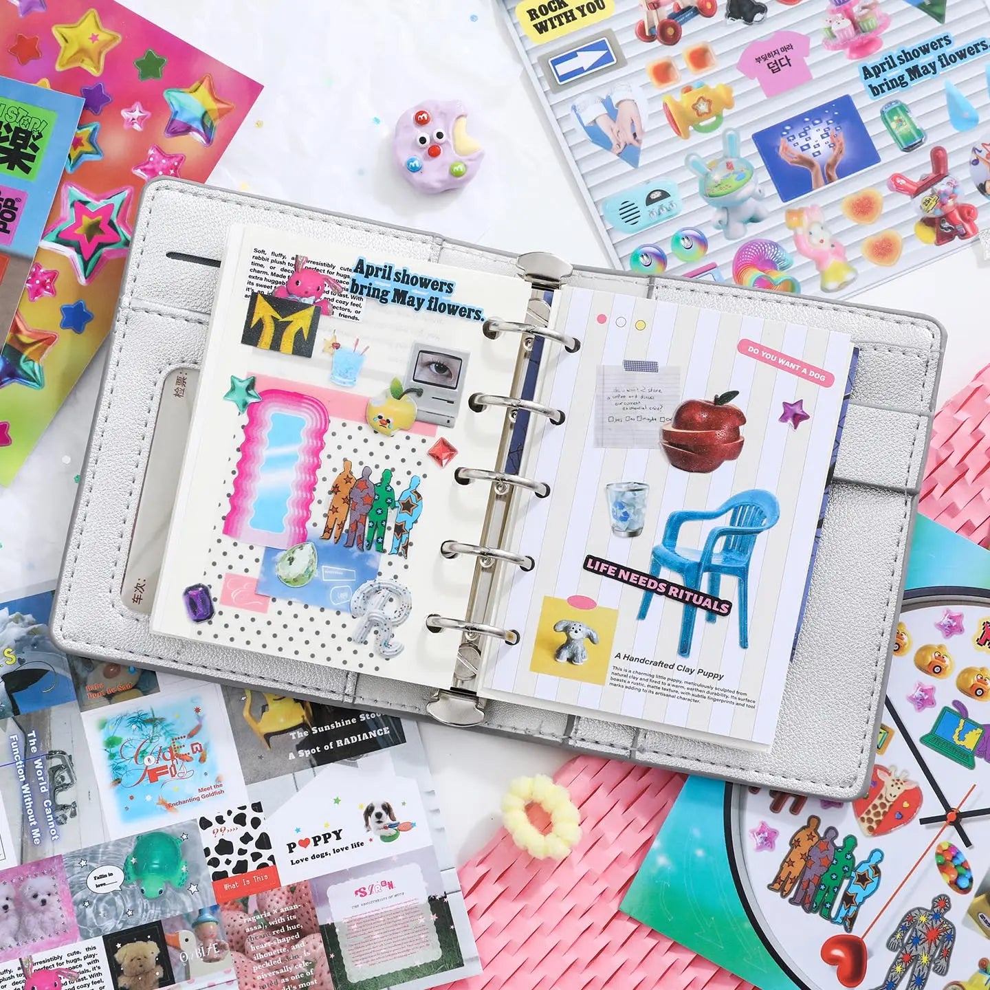 Journal spread decorated with Retro & Future stickers, colorful icons, stars, ribbons, and collage elements