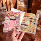 Retro Milk Tea Shop Retro Flavor Journaling Sticker Book shown open with milk tea and dessert sticker pages