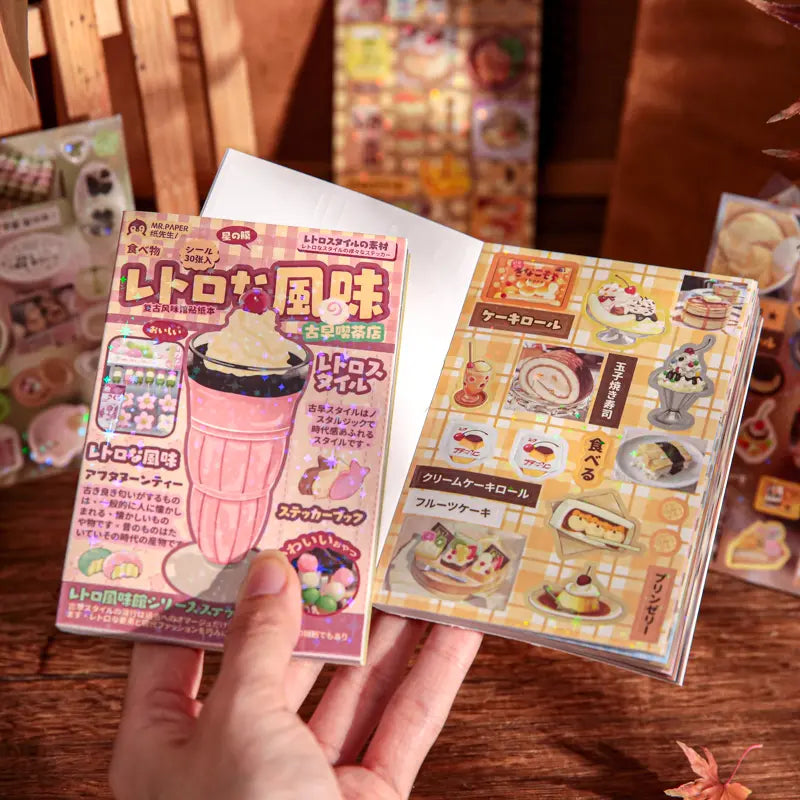 Retro Milk Tea Shop Retro Flavor Journaling Sticker Book shown open with milk tea and dessert sticker pages