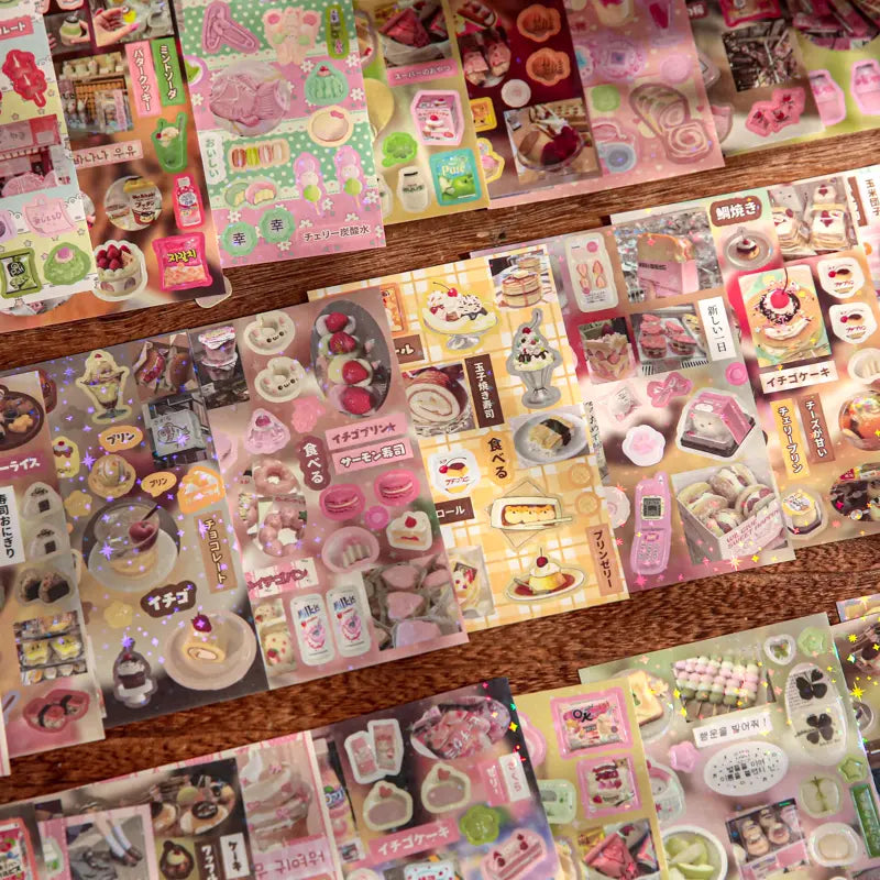 Spread of retro milk tea and dessert sticker sheets with star holographic details