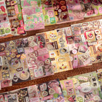 Spread of retro milk tea and dessert sticker sheets with star holographic details