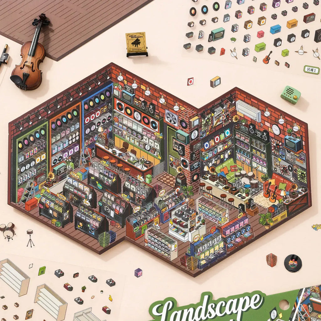 Retro Record Store 3D Scene Sticker Kit finished display with vinyl records, speakers, guitars, and a miniature music shop layout