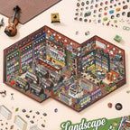 Retro Record Store 3D Scene Sticker Kit finished display with vinyl records, speakers, guitars, and a miniature music shop layout