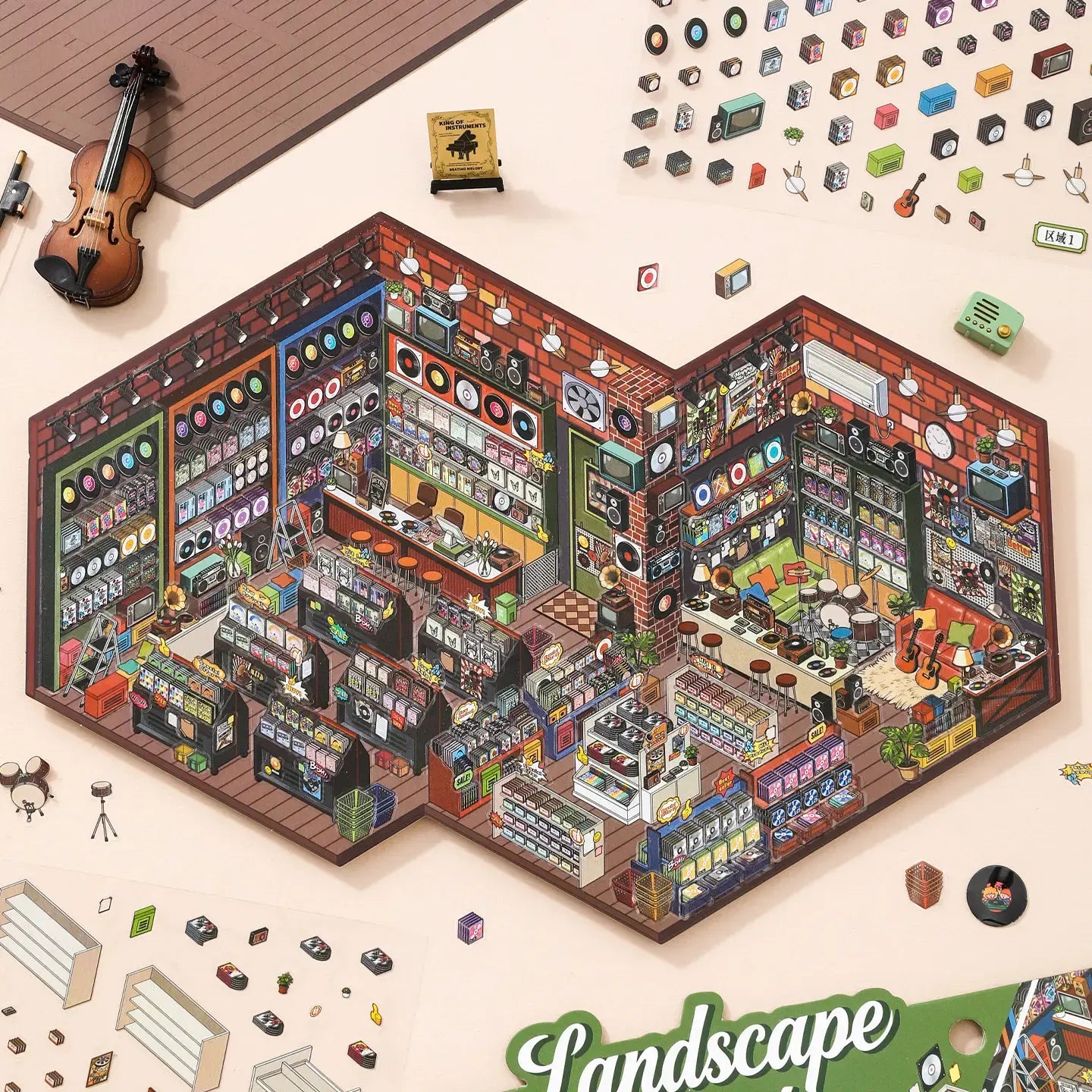 Retro Record Store 3D Scene Sticker Kit finished display with vinyl records, speakers, guitars, and a miniature music shop layout