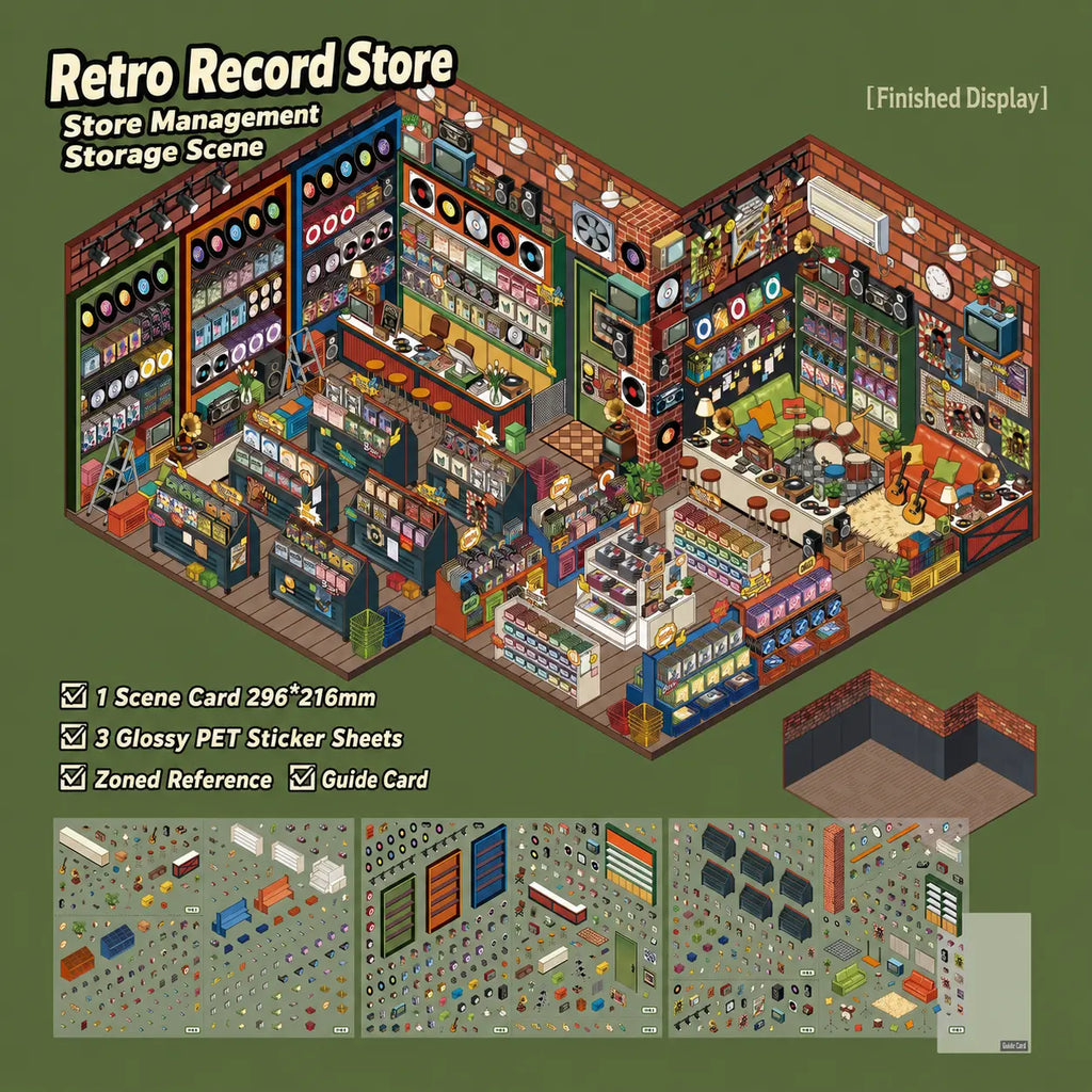 Overview of the Retro Record Store 3D Scene Sticker Kit with one scene card, three glossy PET sticker sheets, zoned reference, and guide card