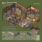 Overview of the Retro Record Store 3D Scene Sticker Kit with one scene card, three glossy PET sticker sheets, zoned reference, and guide card