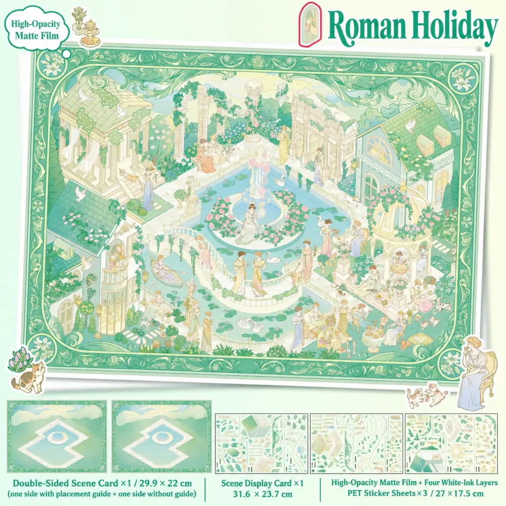 Roman Holiday scene sticker kit with double-sided scene card, display card, and three PET sticker sheets