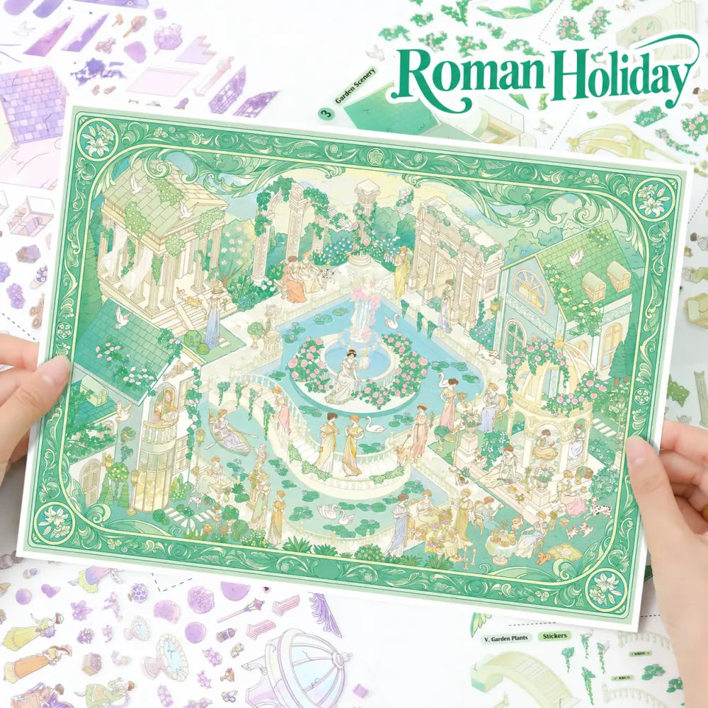 Roman Holiday green garden scene sticker kit finished display