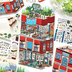Layered display of Roman Hotel 3D Scene Sticker Kit scenes with open-air lounge and indoor room designs