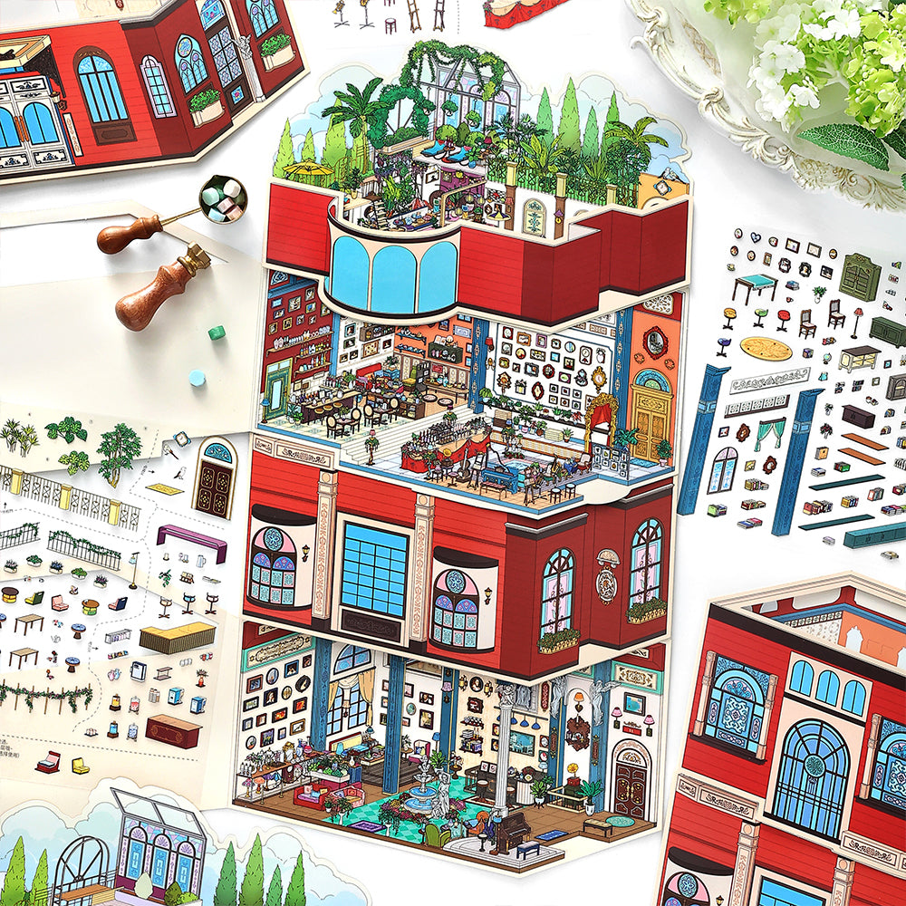 Layered display of Roman Hotel 3D Scene Sticker Kit scenes with open-air lounge and indoor room designs