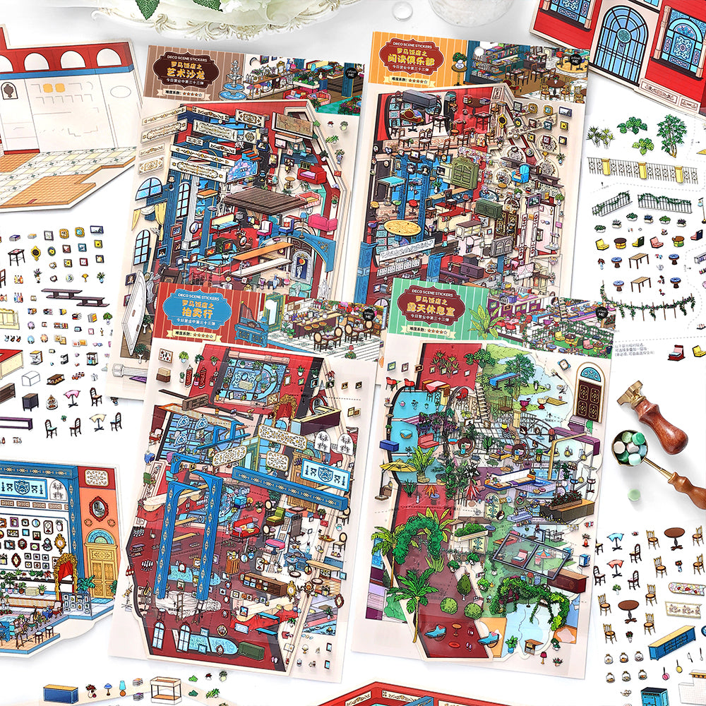 Roman Hotel 3D Scene Sticker Kit Set with four miniature hotel scene themes and PET sticker pieces